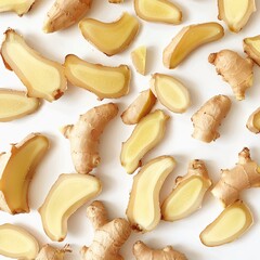 Freshly Sliced Ginger Roots on White Background for Cuisine and Wellness