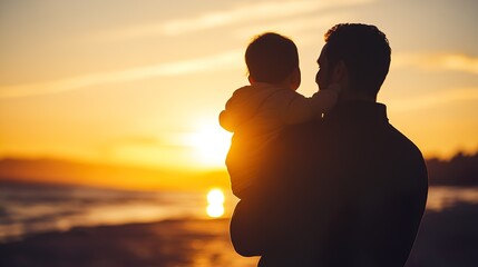 A man holds a baby in his arms while looking out at the ocean
