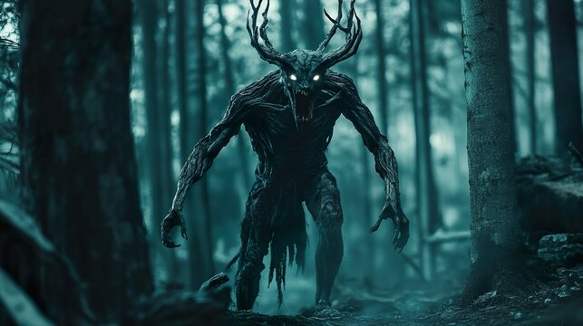 A monster with antlers and glowing eyes is walking through a forest