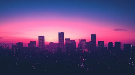 Fototapeta premium A breathtaking city skyline at sunset, showcasing vibrant hues of pink and purple against the silhouette of modern buildings.