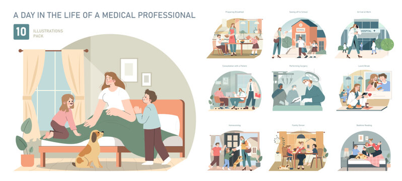 A day in the life of a medical professional. Flat Vector Illustration