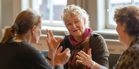 A senior woman studying historical facts and practicing speaking to a small group