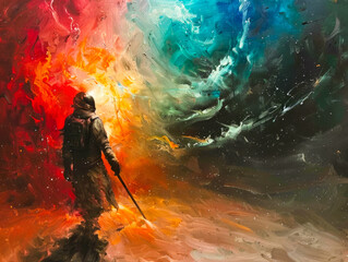Fototapeta premium Epic Space Warrior Stands Against a Vibrant Cosmic Backdrop With Swirling Colors. Generative AI