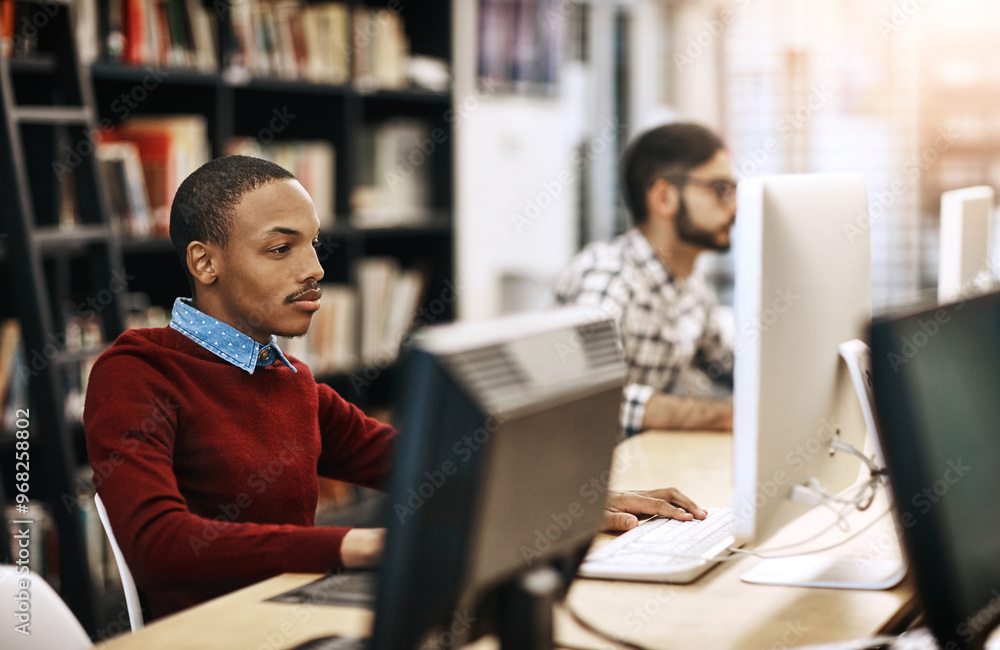 Aufkleber Computer, research and student learning at library for education, knowledge or test preparation in college. University scholarship, man and study on computer for help, project notes and online report