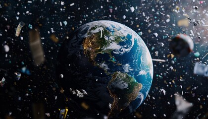 Fototapeta premium Earth Surrounded by Space Debris Highlighting the Impact of Pollution in Orbit. Generative AI