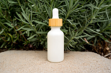 White oil dropper bottle on a concrete slab with lavender bush background.