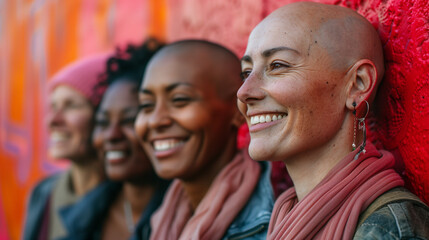Fototapeta premium Side profile portrait of diverse cancer survivors of varying skin tones and ethnicities proudly showing their bald heads, celebrating resilience, beauty, and strength among strong women and females.