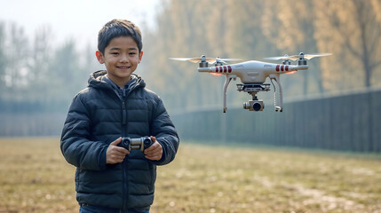 A child holds a remote control and smiles as he operates a drone flying in the air.