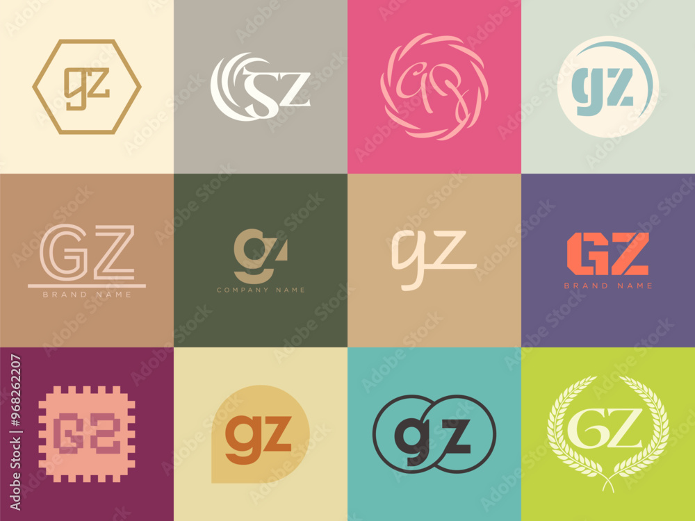 Fototapete GZ logo company template. Letter g and z logotype. Set different classic serif lettering and modern bold text with design elements. Initial font typography.