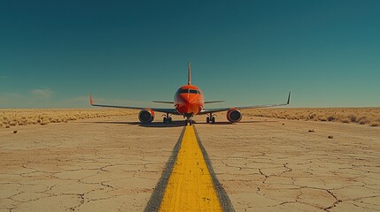 Airplane taxiing on runway at airport with yellow line. 