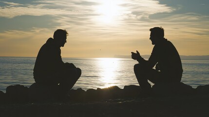 Two men are sitting on a rock by the ocean, talking to each other