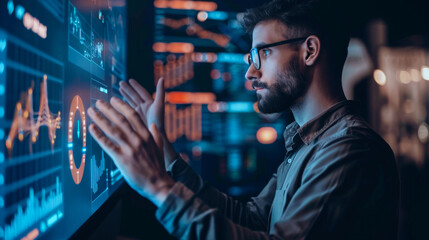 Innovative entrepreneur analyzing blockchain data on digital screen, showcasing advanced technology and strategic thinking in modern workspace