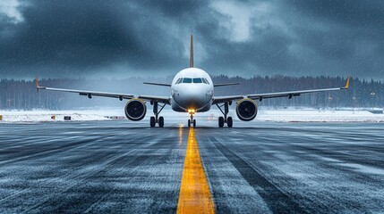 Airplane taxiing on runway at airport with yellow line. 