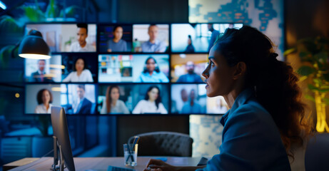 A woman participates in remote team video conference, emphasizing teamwork and collaboration. background features multiple screens displaying team members engaged in discussion, creating dynamic and c
