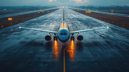 Airplane taxiing on runway at airport with yellow line. 