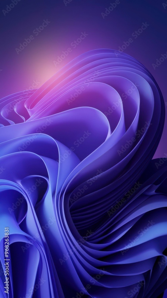 Poster dynamic curves and waves in rich purple tones intertwine, illuminated by a soft glow