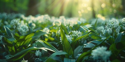 Wild garlic Allium ursinum leaves in the forest also known as ramsons buckrams broad leaved garlic wood garlic bear leek or bear s garlic