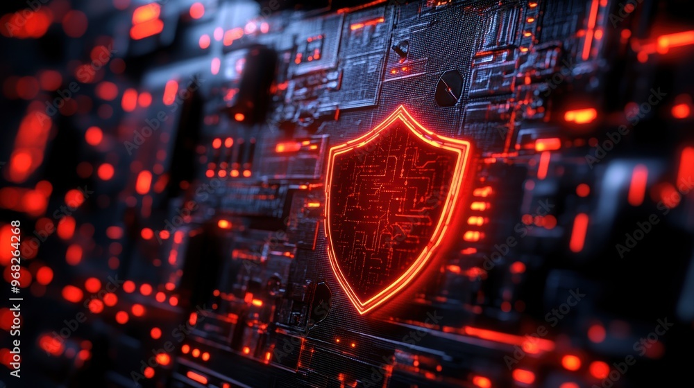 Poster a futuristic digital shield symbol glowing on a circuit board, representing security and technology 