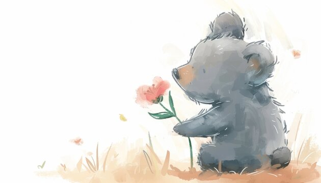 A Bear Tenderly Holds a Vibrant Flower in a Whimsical Watercolor Style. Generative AI