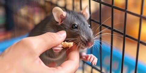 Obraz premium Feeding a domestic pet rat a treat in its cage