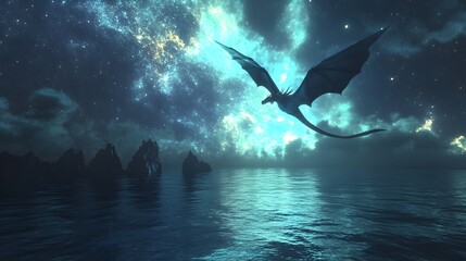 Obraz premium Majestic Winged Creature Soaring over Ethereal Seascape at Starry Night