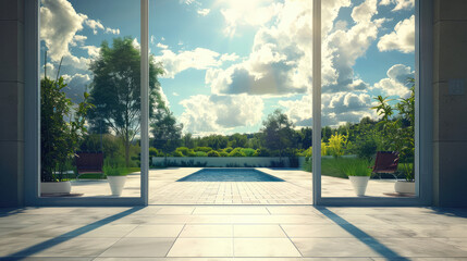 Naklejka premium picture of blue sky summer light indoor outdoor patio door to the pool and spa area next to lawn garden landscaping design space for leisure of luxury home 