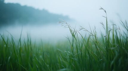 Obraz premium Out-of-focus close-up of tall green grass with a light fog in the distance.