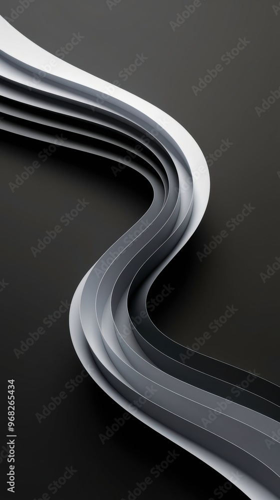 Poster graceful minimalist abstract design showcasing layered swooshes in shades of gray on a dark backgrou