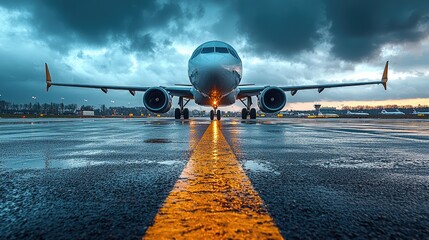 Airplane taxiing on runway at airport with yellow line. 