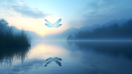 Dragonfly Hovering over Tranquil Lake at Misty Sunset