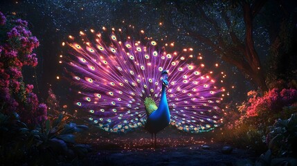 Captivating Peacock Amid Mesmerizing Fireworks Display in Enchanted Forest Landscape