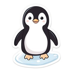 Fototapeta premium Cute Cartoon Penguin Character on Ice Floe in Arctic or Antarctic Winter Landscape