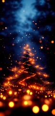 Naklejka premium A magical night scene featuring a glowing Christmas tree surrounded by shimmering lights and an enchanting atmosphere.