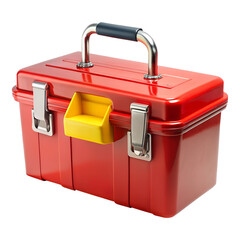 Bright red toolbox with a yellow latch and silver handle. Isolated on transparent or white background.