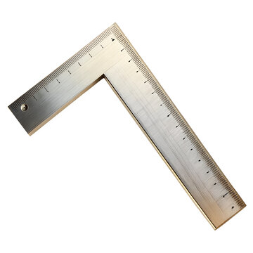 A metal L-square ruler used for precise measurements and drafting in architecture and engineering projects. Isolated on transparent or white background.