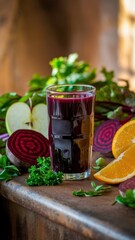 Refreshingly Vibrant Glass of Beetroot Juice Surrounded by Fresh Fruits and Greens in a Rustic Setting. Generative AI