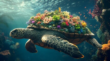 Fototapeta premium Majestic Sea Turtle Gliding Through Vibrant Coral Reef Underwater Seascape