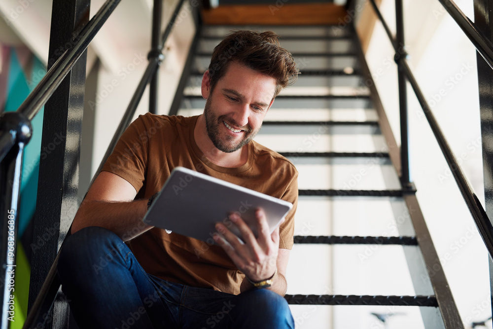 Poster man, office and happy with tablet in staircase for creative idea, research and project as brand mana