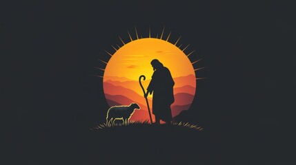 Logo of Jesus as a shepherd with a lost sheep against a sunset background.Dark tone.Concept of care, faith, Christianity and religion