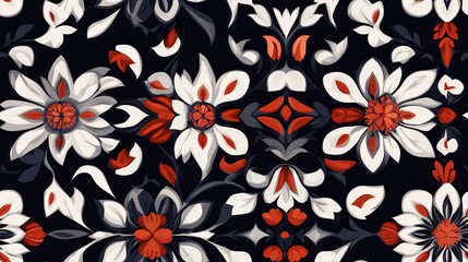 Bold geometric floral pattern with black, red, and orange tones, traditional design with intricate flowers and shapes, elegant border, seamless pattern