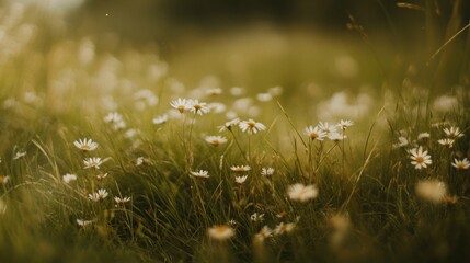 Fototapeta premium Out-of-focus grass with delicate white wildflowers scattered throughout.