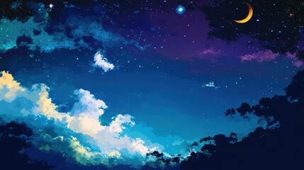 Fototapeta premium Enchanting Night Sky with Sparkling Stars and Fluffy Clouds in Blues and Purples