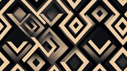 Black and beige tribal-inspired geometric pattern, featuring repeating diamonds and triangles, modern yet traditional design, seamless pattern