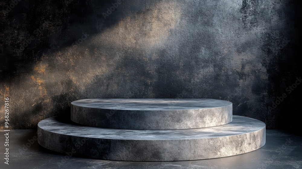 Poster a modern, circular podium with a textured surface, illuminated by soft light, perfect for presentati