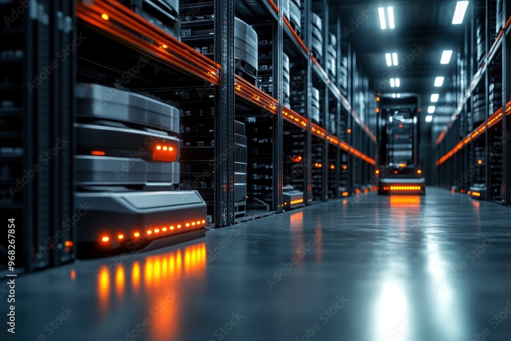 Poster a modern data center featuring sleek server racks illuminated with vibrant lights, showcasing advanc