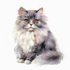 Fototapeta premium Watercolor Illustration of Fluffy Grey Cat with Bright Amber Eyes - Perfect for Pet Lovers and Home Decor