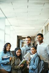 Group, books and portrait of students at university ready for class, lecture or study session....