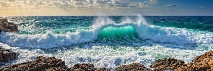Fototapeta premium dramatic scene at the beach with waves crashing in the background, while the foreground is calm. The sky is overcast, suggesting a stormy day.