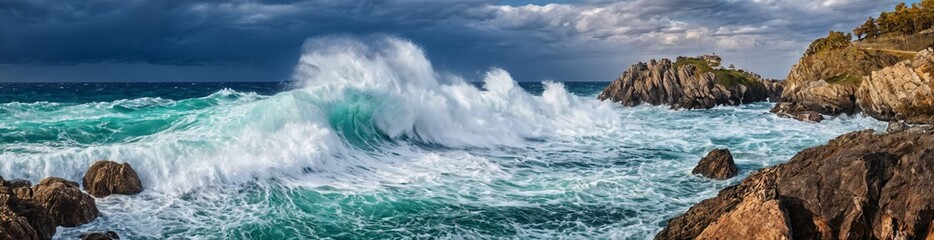 Fototapeta premium dramatic scene at the beach with waves crashing in the background, while the foreground is calm. The sky is overcast, suggesting a stormy day.