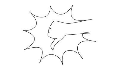 Thumbs down in one continuous line drawing. Hand showing unlike and dislike sign in simple linear style. Negative finger in editable stroke. Doodle outline vector illustration